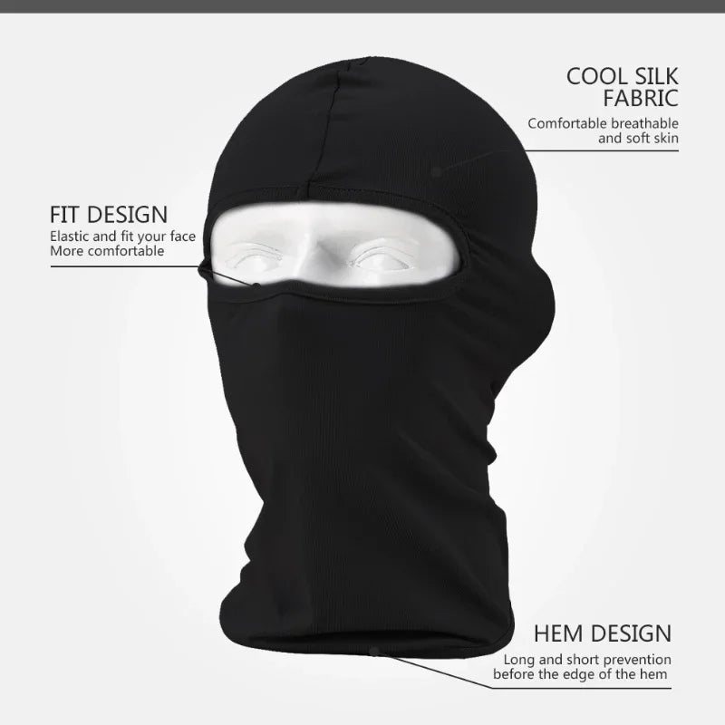 Black silk fabric balaclava face mask with a clear eye opening and hem design detail