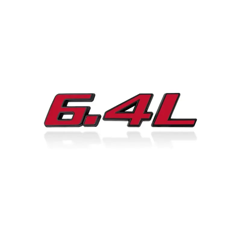 A close-up view of a red and black 3D metal car fender side and trunk decal.