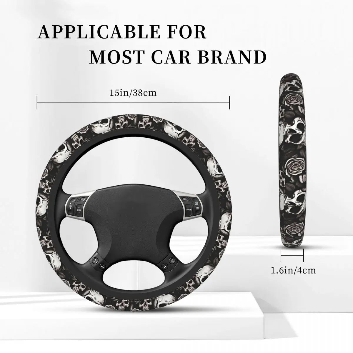 Couvre-volant noir avec motif crâne, applicable à la plupart des marques de voitures.
