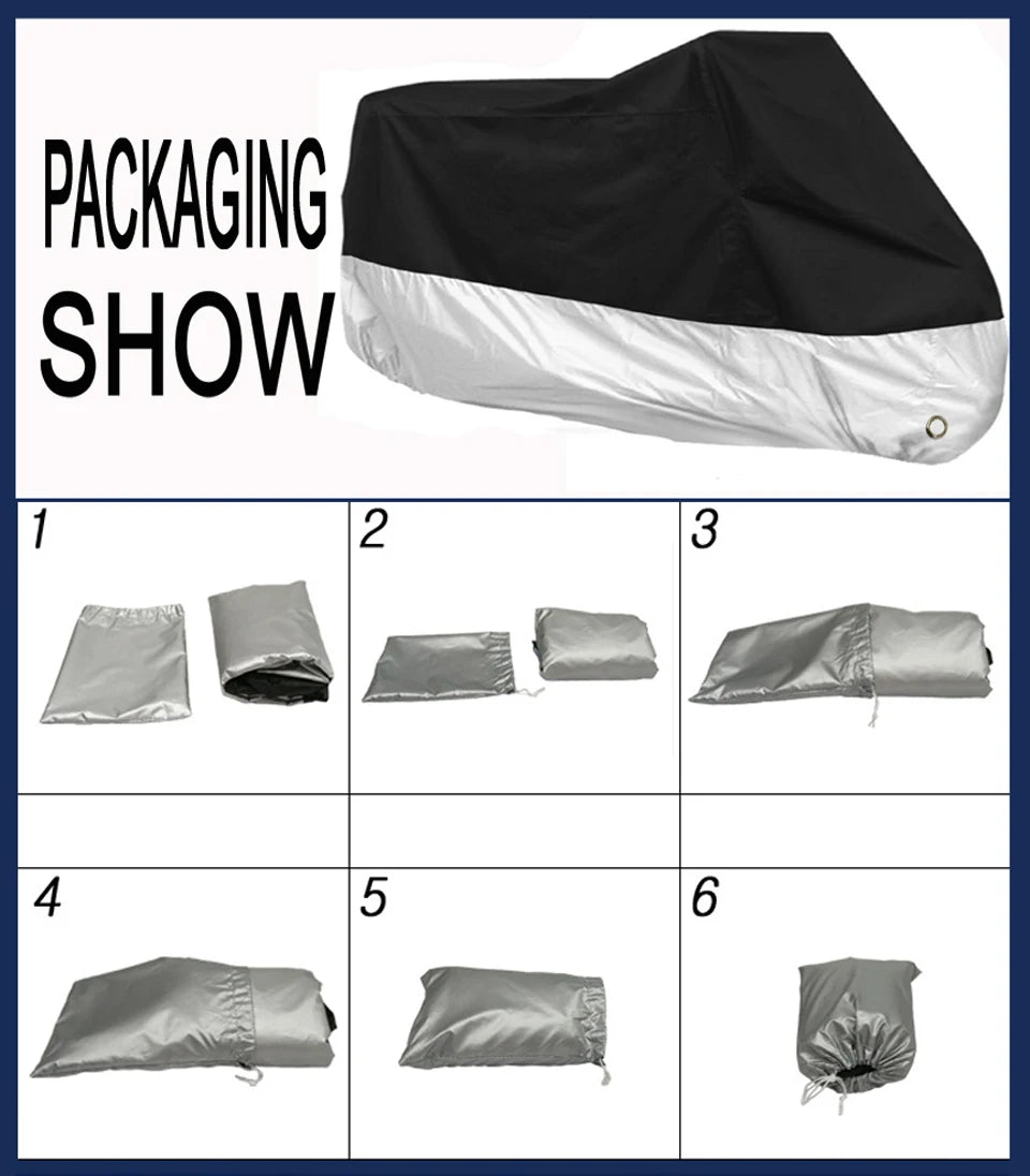 Six views of an all-season motorcycle cover showing different folding and packaging options.