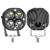 Un par de luces LED potentes negras para vehículos todoterreno, mostrando la parte frontal y trasera.