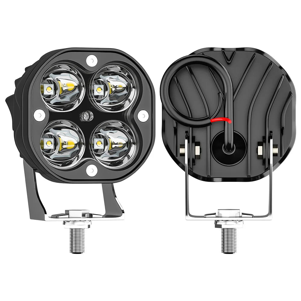 Un par de luces LED potentes negras para vehículos todoterreno, mostrando la parte frontal y trasera.