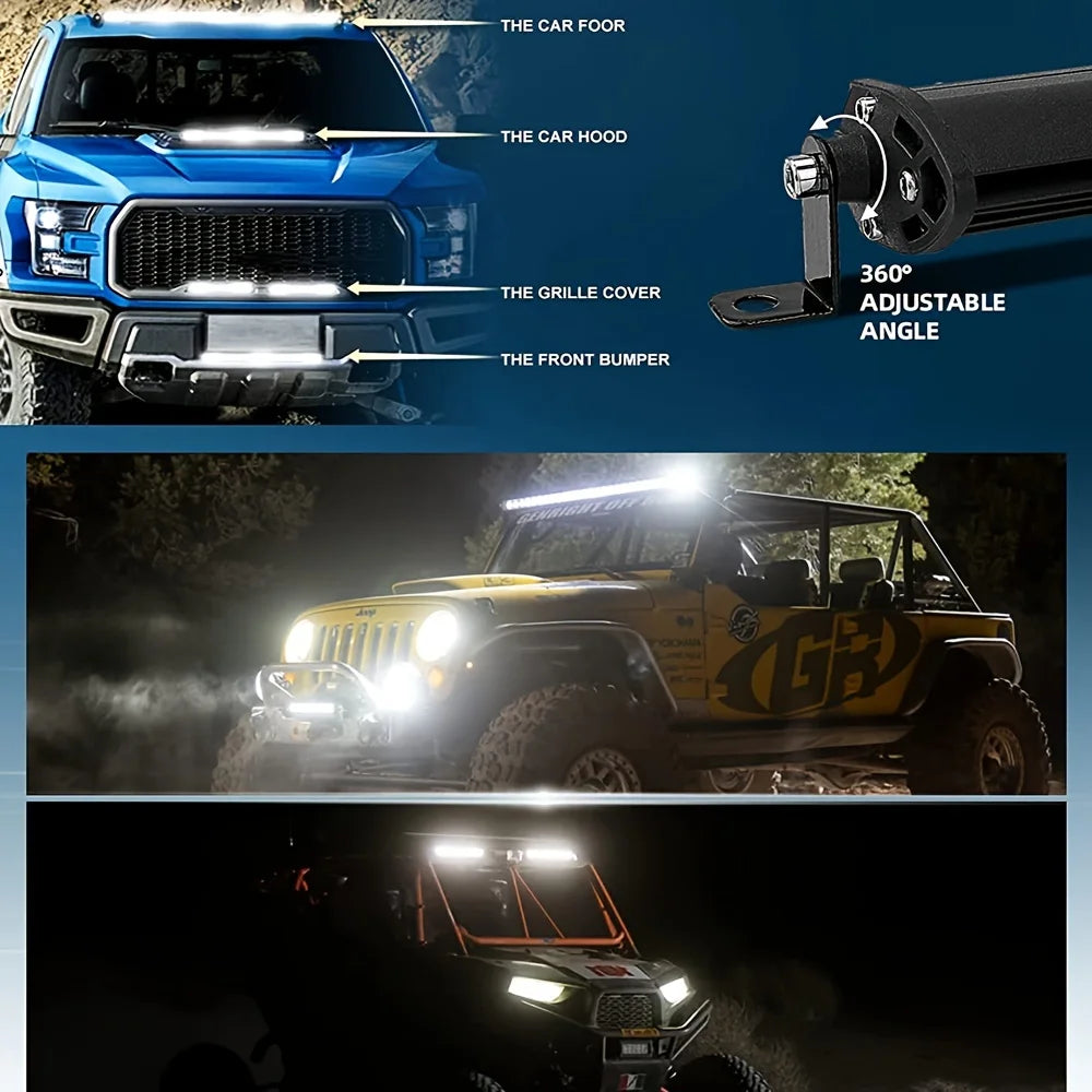 Close-up view of an ultra bright LED light bar mounted on a blue off-road vehicle, showing various components like the hood a