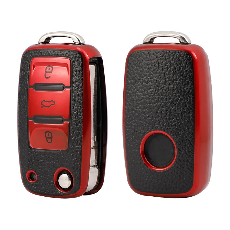 A red and black TPU leather car key case with a silver loop and multiple buttons.