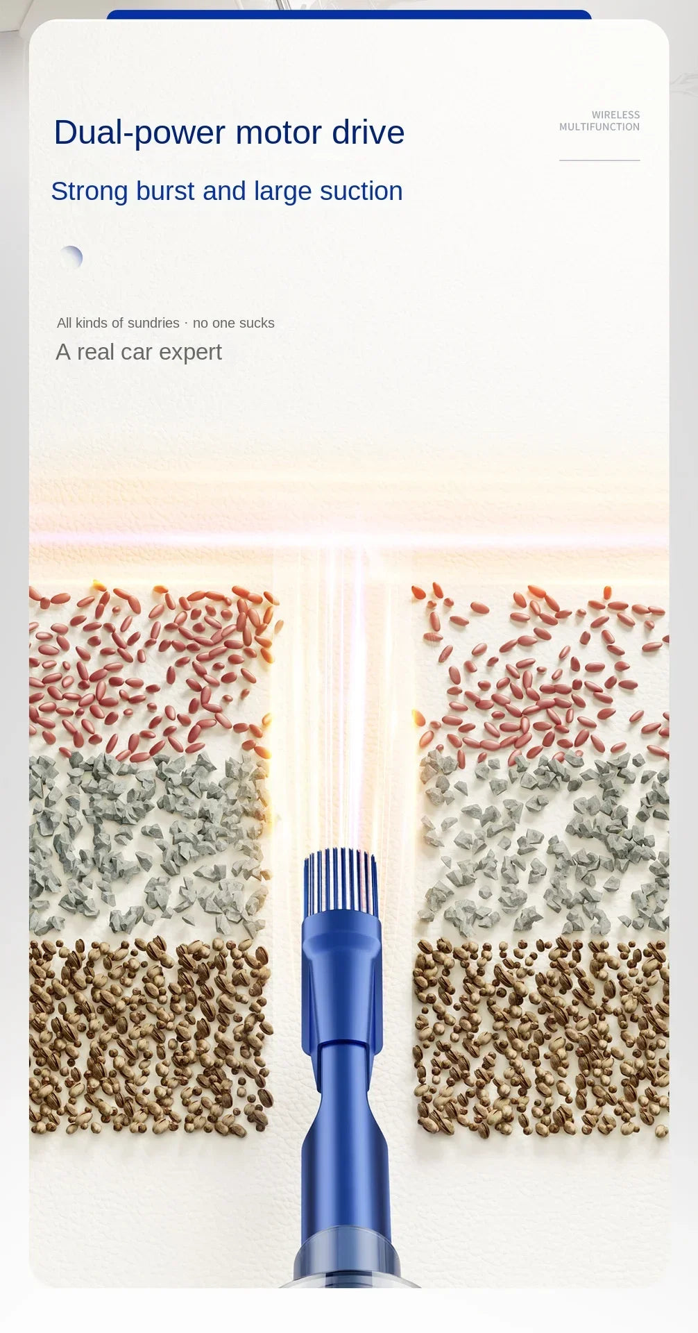 A blue dual-power motor drive vacuum cleaner is shown with various types of dry food grains being suctioned.
