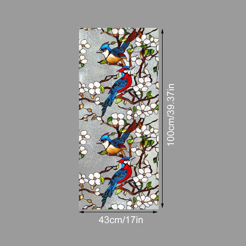 A vertical panel of decorative PVC stained glass window film featuring several blue and red birds perched on branches with wh