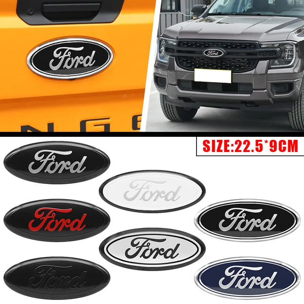 Set of various size Ford aluminum hood and trunk emblem badges stickers in black silver and red colors