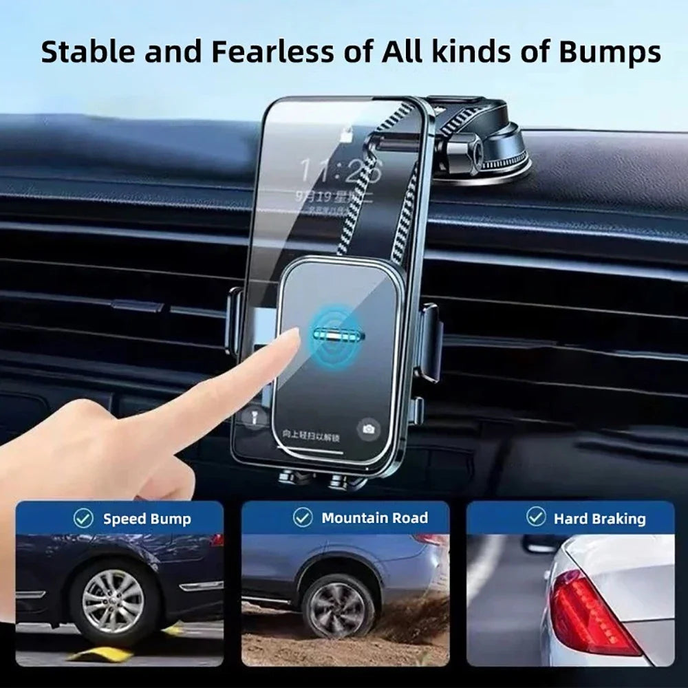 A hand is shown placing a smartphone onto a black car interior, demonstrating the stable mount of a 360° rotatable car phone 