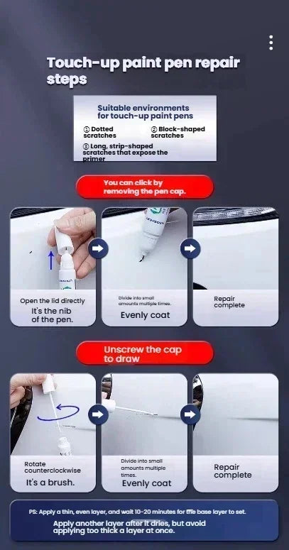 Instructions showing how to use a touch-up paint pen for scratch repair, including opening the lid and unwinding the cap to d