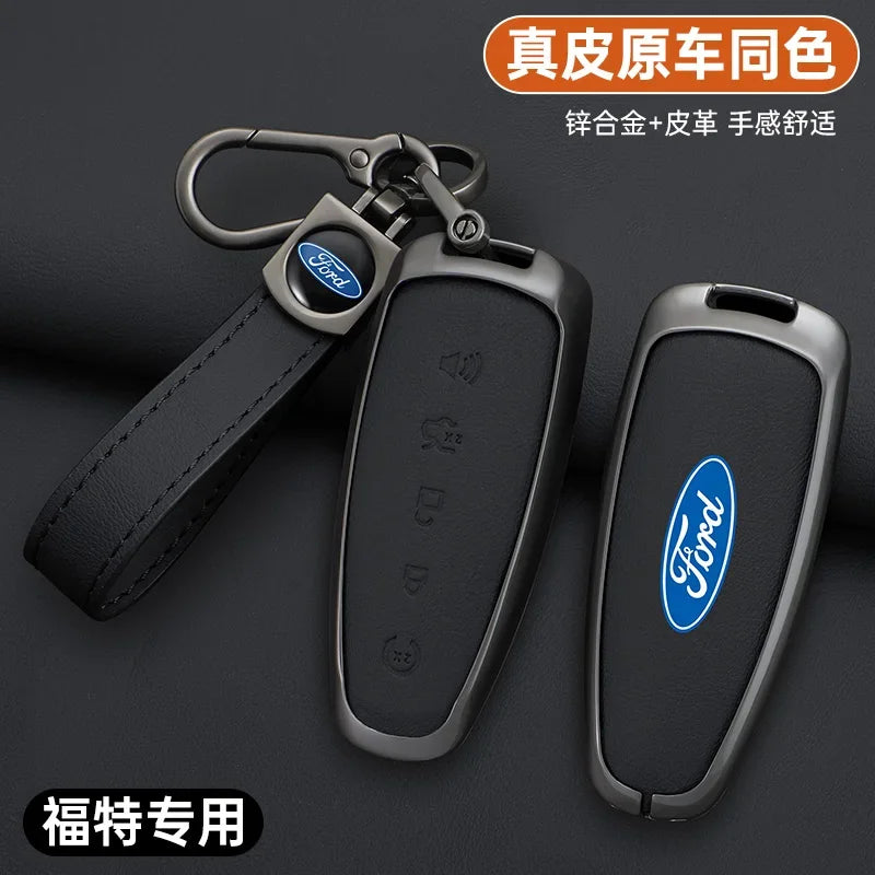 A set of Ford car key covers made of zinc alloy and leather, shown in black.