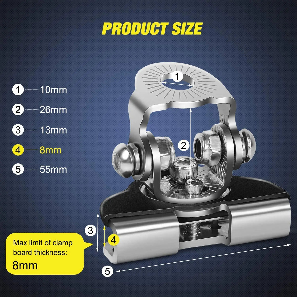 Diagram showing various sizes of stainless steel clips and a clamp board thickness measurement.
