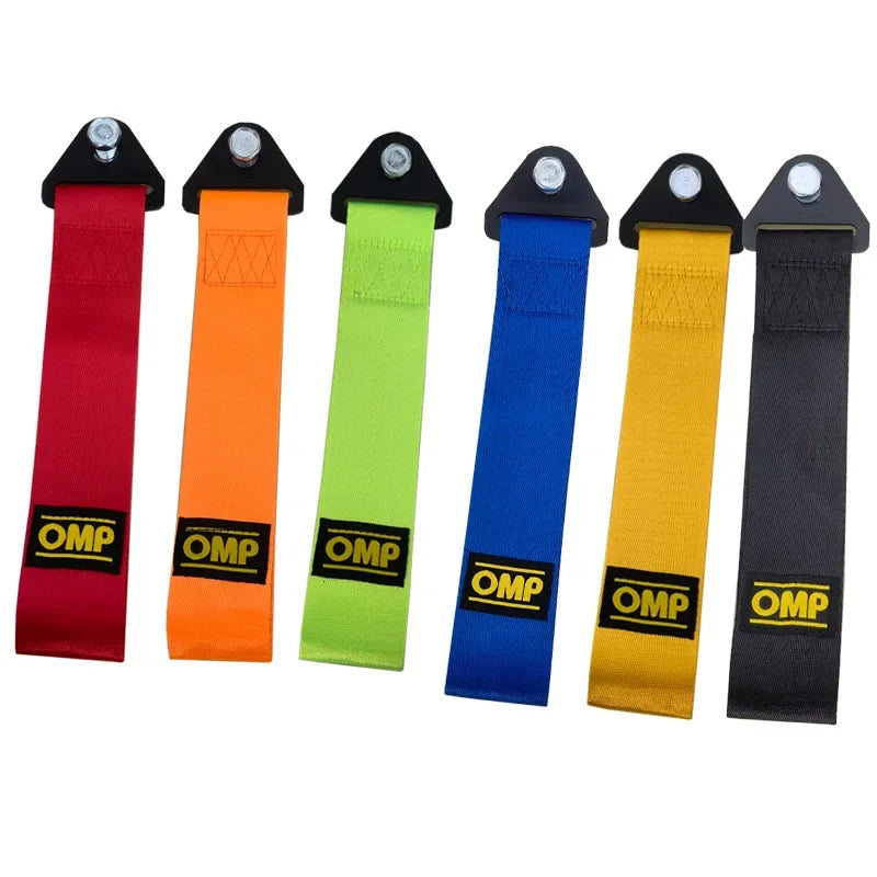 Set of five heavy-duty bumper tow hooks with colored ropes for vehicle recovery