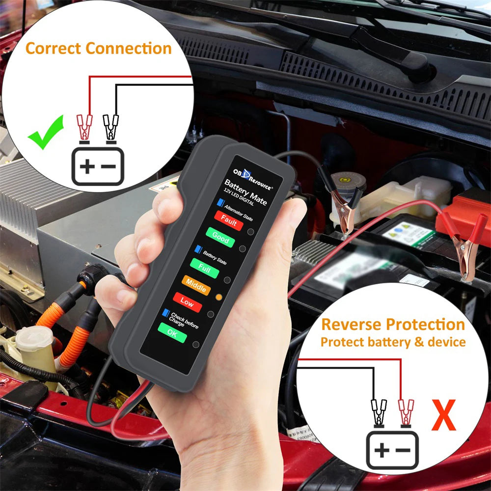 A hand holds a 12V digital battery and alternator tester with an LED display, demonstrating correct connection and reverse pr