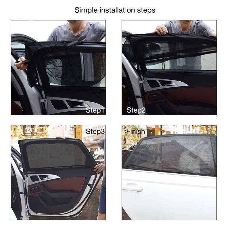 Installation steps showing how to install car window sun shades for UV protection