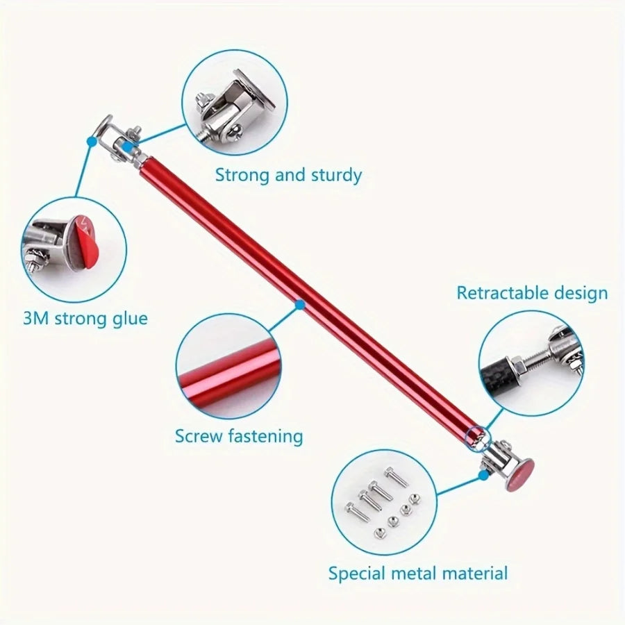 A red adjustable metal front lip support rod with various components shown in detail.