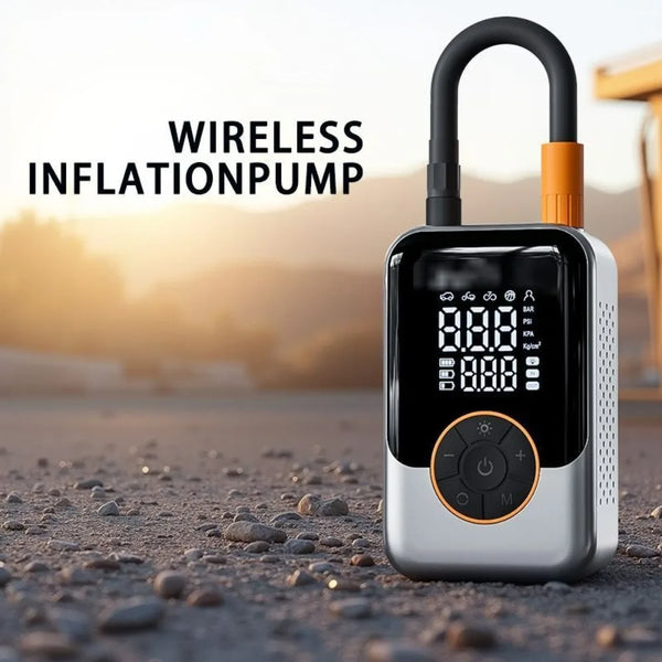 A black and silver wireless inflation pump with a digital display is shown on a dirt surface.