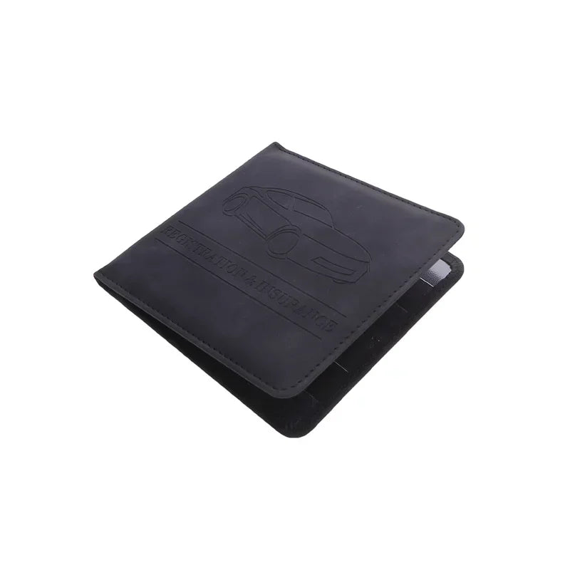 Black leather document holder designed for storing vehicle cards and IDs