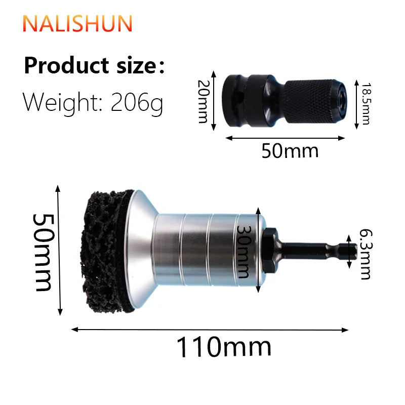 A black and silver professional wheel hub rust removal kit with a 110mm length and 50mm height.