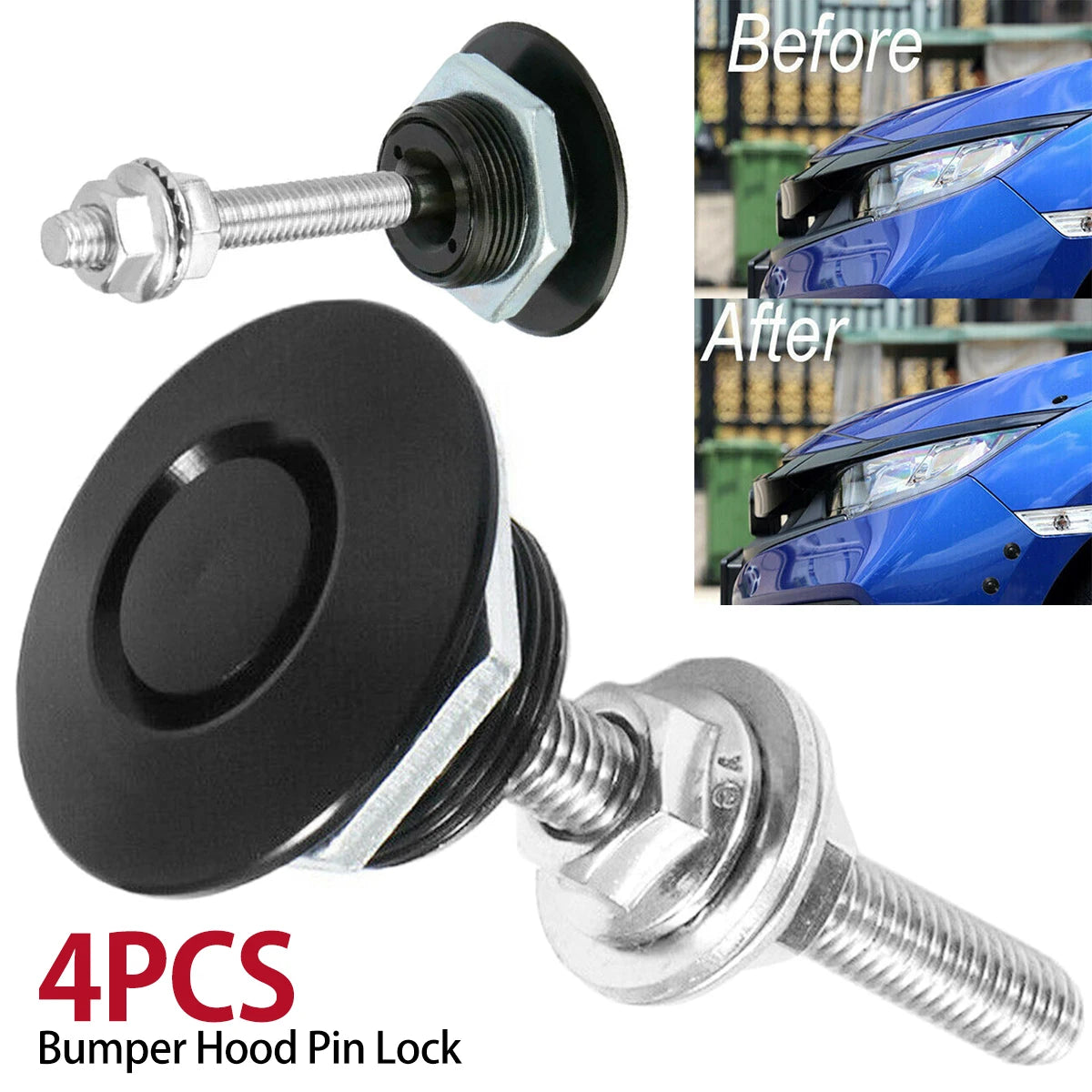 Four black bumper hood pin locks for car hood installation shown with before and after images