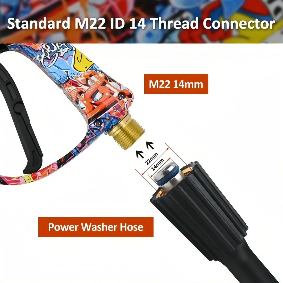 A close-up view of a Standard M22 ID 14 Thread Connector and a Power Washer Hose attachment.
