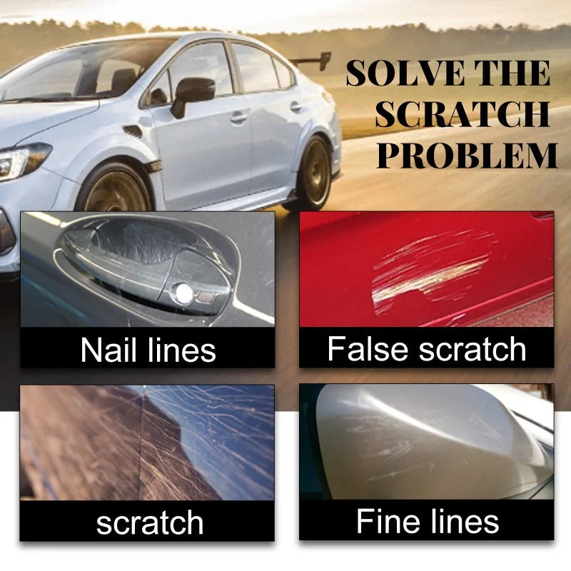 A white car is shown next to various examples of paint damage like nail lines, false scratches, and fine lines.