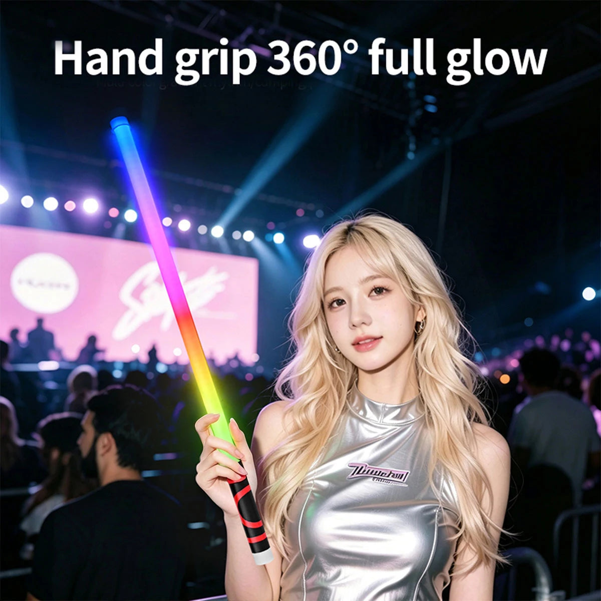 A blonde woman holds a glowing pink and green LED light, demonstrating a hand grip feature on stage.