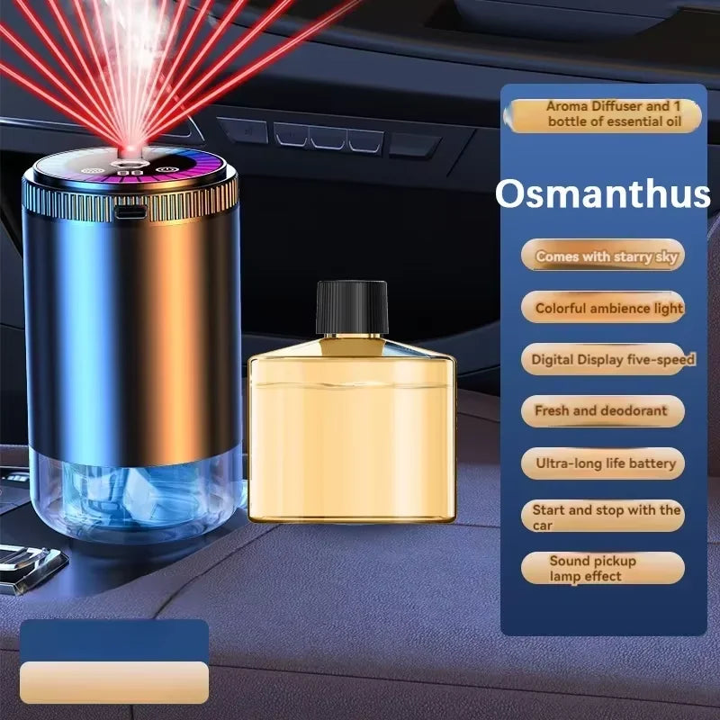 An Osmanthus aroma diffuser and essential oil bottle sitting on a dark car interior surface.
