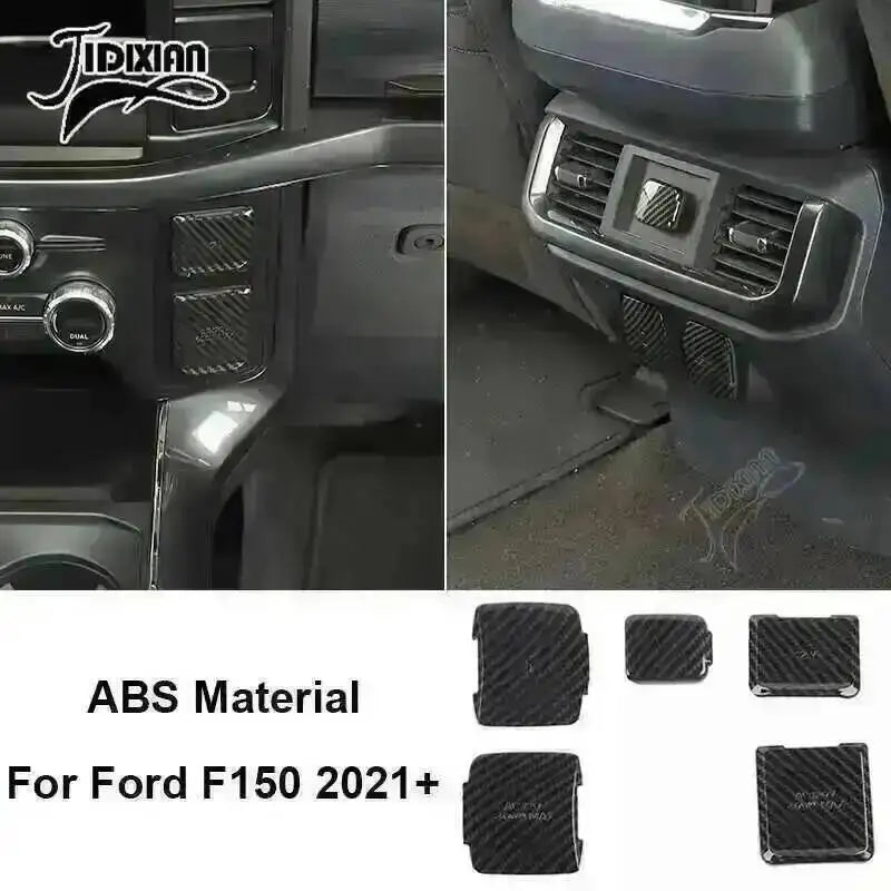 Carbon fiber grain interior trim kit for Ford F150 2021-2024 featuring various trim pieces.