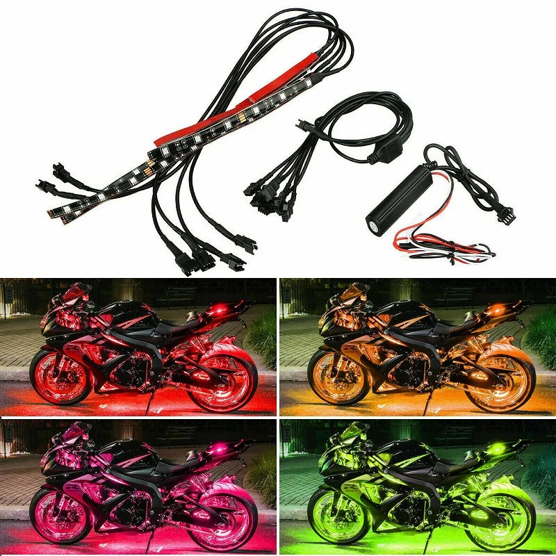 Motorcycle RGB LED underglow kit with remote control featuring various color effects.