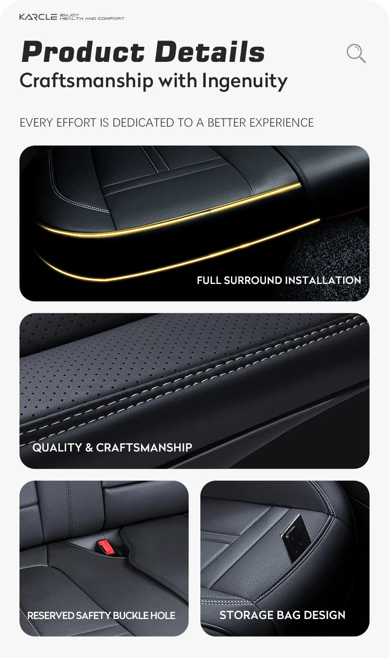 Close-up view of black Nappa leather car seat covers showing stitching, a safety buckle hole, and storage bag design.