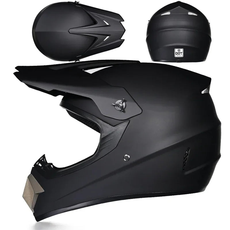 A black kids and motorcycle off-road safety helmet shown in various views.