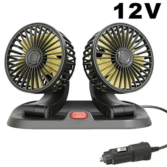 A black 12V car cooling fan with adjustable blades and an aromatherapy feature.