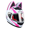 A white and pink cat-ear full face motorcycle helmet with a clear visor.