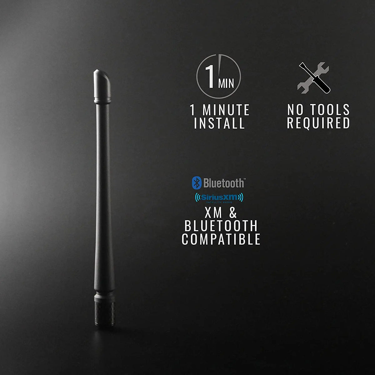 A black universal car antenna is shown against a dark background with text indicating 1 minute install and no tools required.