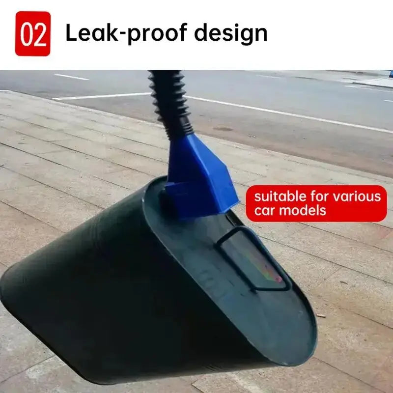 A black oil funnel tool with a blue nozzle is shown on a paved surface.