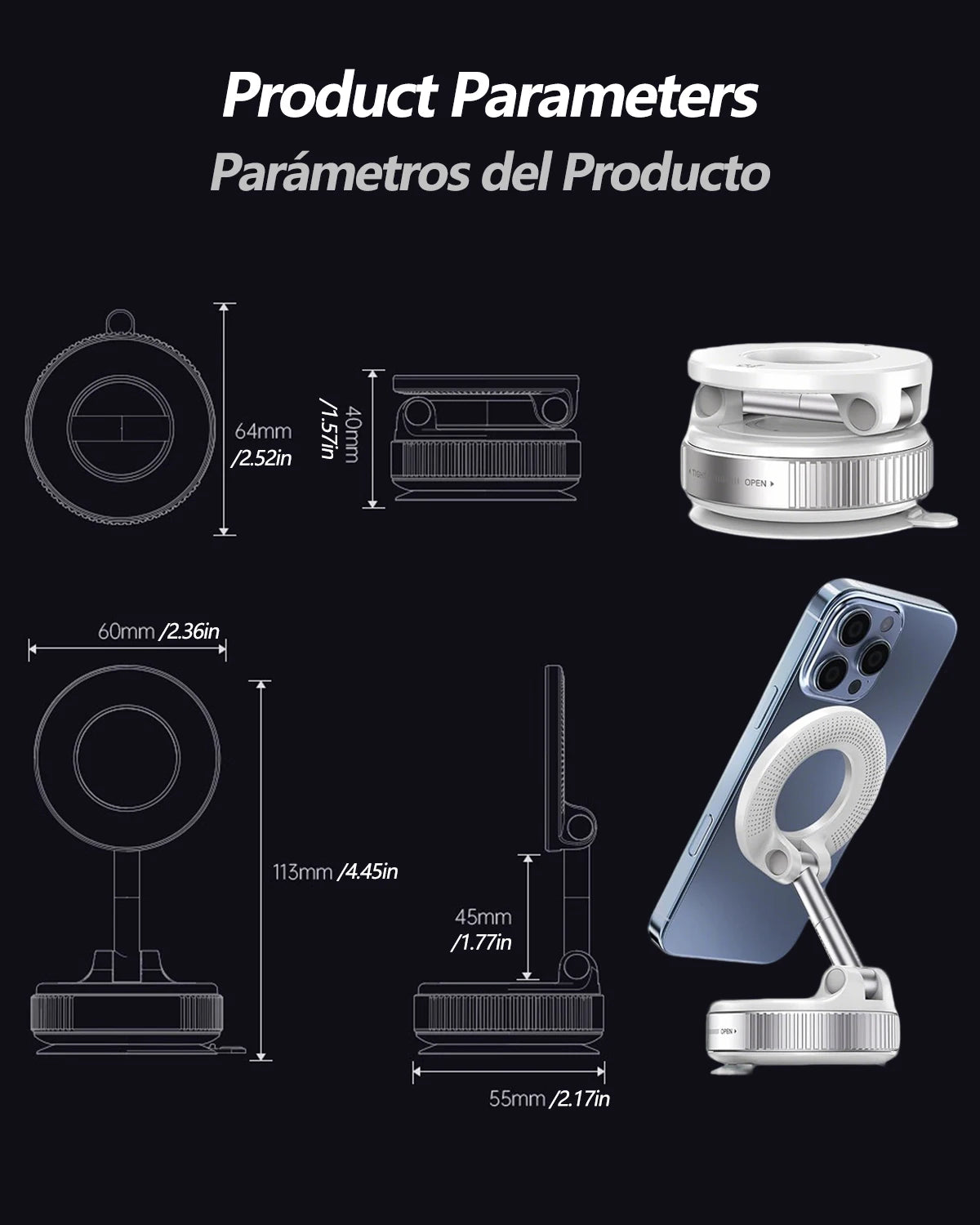 Diagrams and views of a 360 degree magnetic phone holder with various dimensions.
