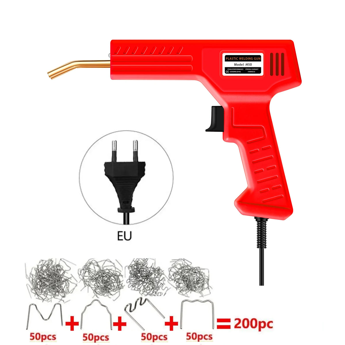 Red plastic welding gun tool with various wire sizes and a 200 piece count indicator