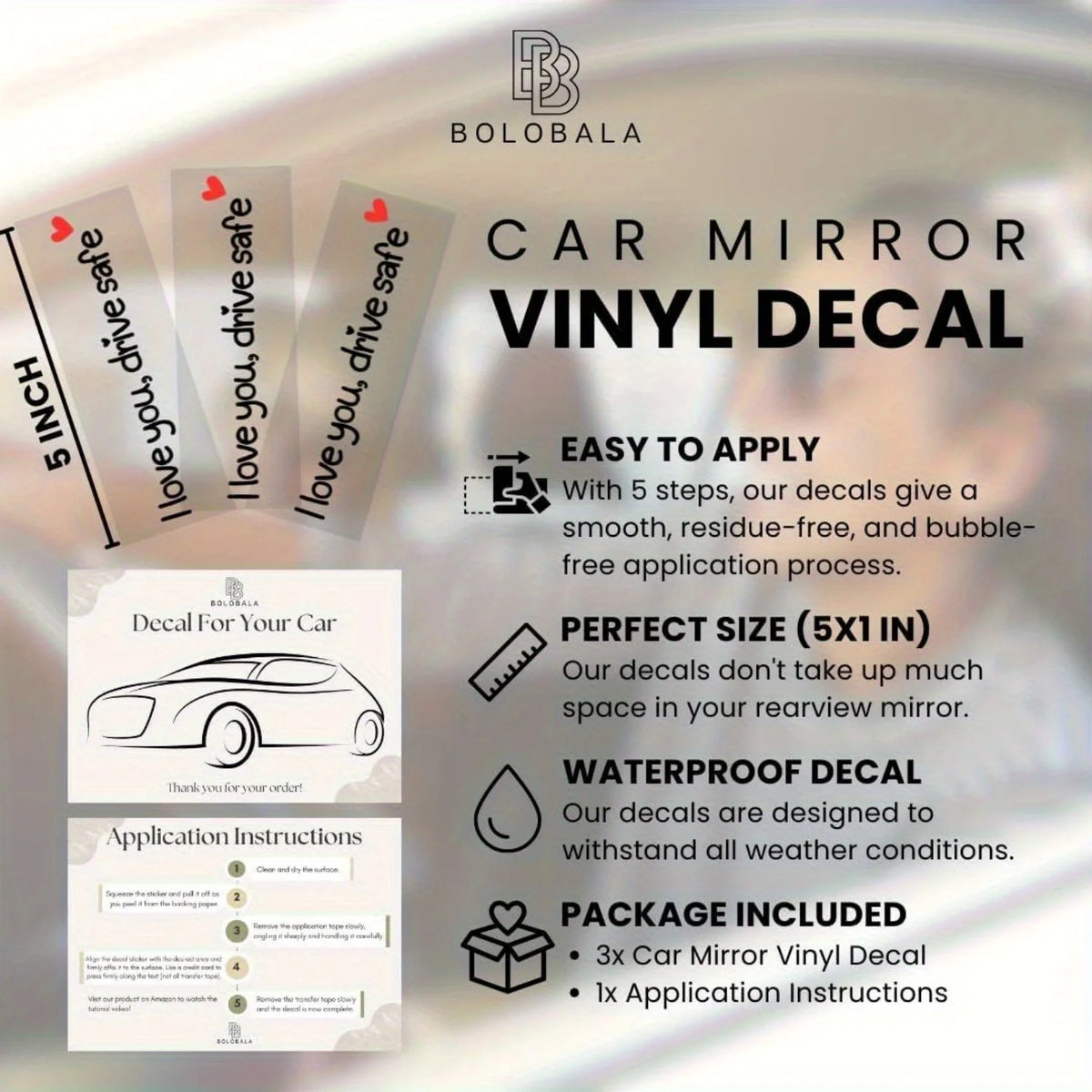 Produit de vinyle autocollant pour rétroviseurs de voiture, avec une décalcomanie de 5 pouces et instructions d'application
