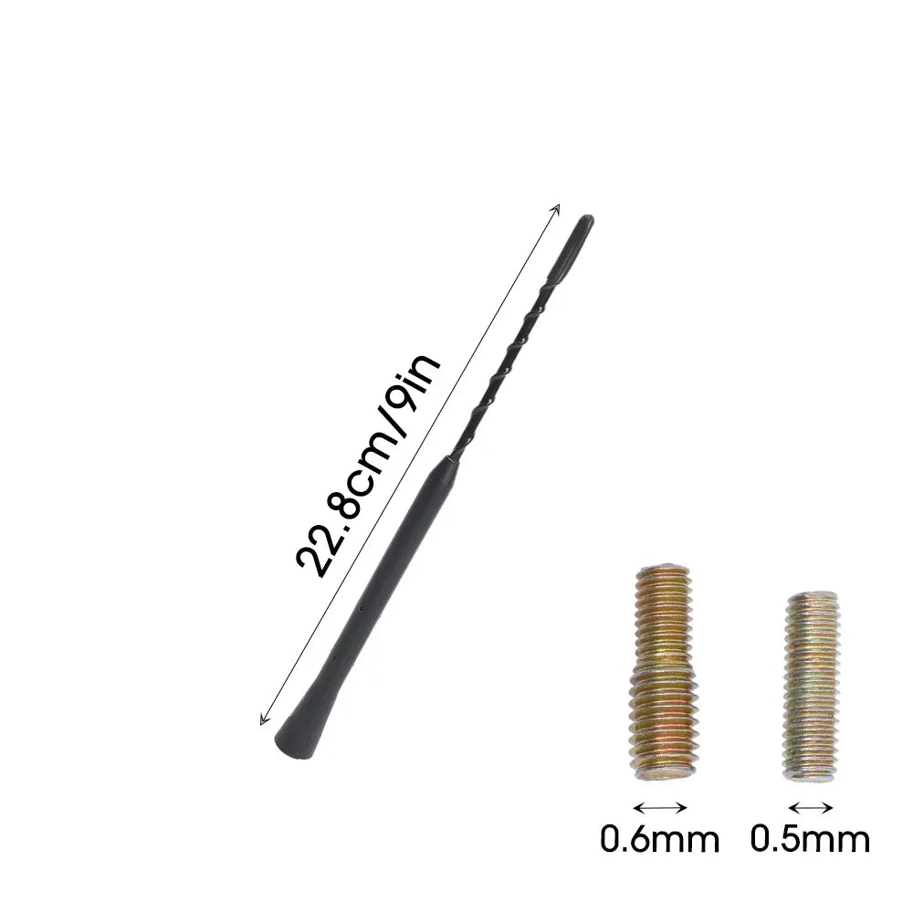 A black universal car roof antenna with a 22.8cm/9in length and screw sizes of 0.6mm and 0.5mm.