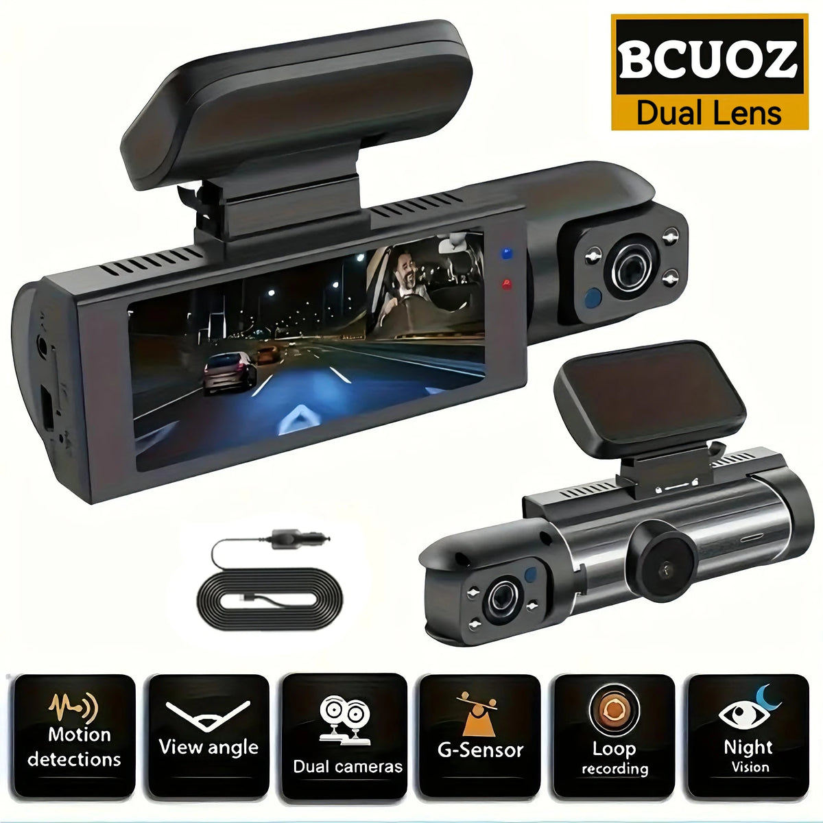 A dual-lens dashcam is shown with its main unit and a separate clip-on camera, along with feature icons.