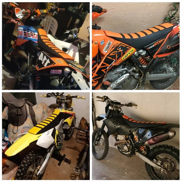 Colección de fundas y agarraderas para asientos de motocicleta, incluyendo fundas estampadas en naranja y negro para varias m