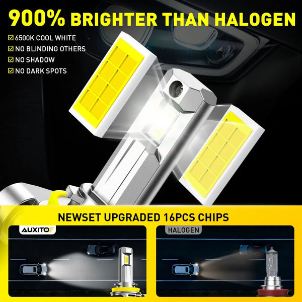 A close-up of a bright yellow LED headlight bulb and a silver housing, demonstrating improved light performance.