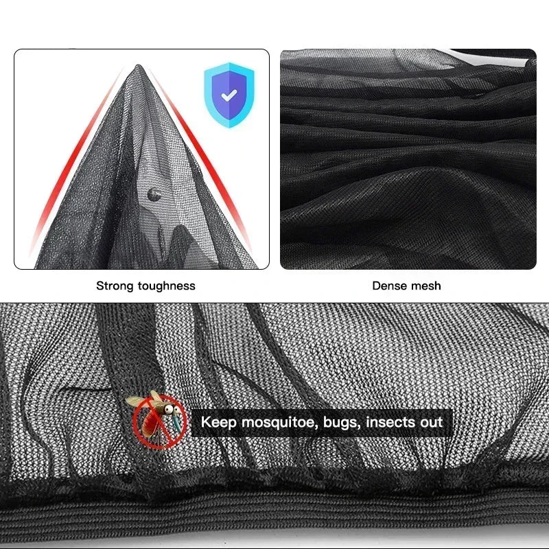 Close-up view of a black mesh sun shade fabric demonstrating strong toughness and dense weave for insect protection