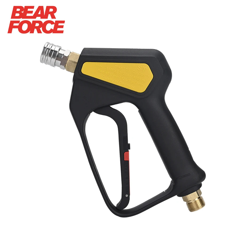 Black high-pressure short trigger spray gun with a yellow grip and 1/4 inch quick connector.