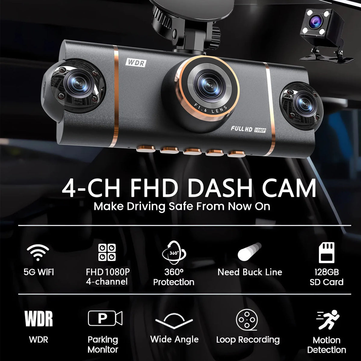 Caméra de voiture WDR 4 canaux FHD avec WiFi, protection 360° et enregistrement en boucle.
