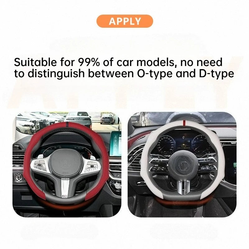 A close-up view of a car steering wheel covered with a black and red leather steering wheel cover.