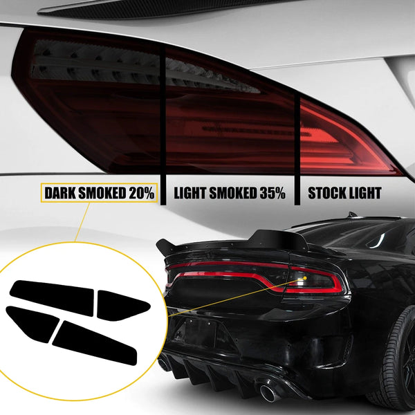 Vergleich von dunkel geräuchertem, hell geräuchertem und Standard-Hell-Tintenfilm für die Rücklichter eines Dodge Charger.