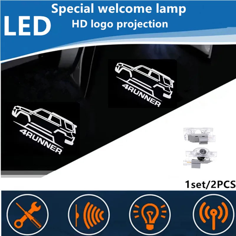 مصباح ترحيبي خاص بتقنية LED يعرض شعار 4رانر على باب سيارة.