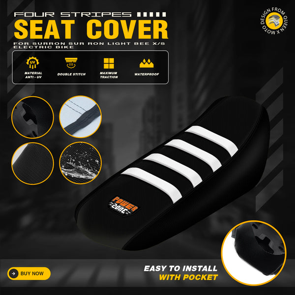 Black four stripes seat cover for Sur-Ron Light Bee X S electric bike, showing installation and features.