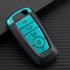 A teal and black multi-function key fob holder with various buttons resting on a dark surface.